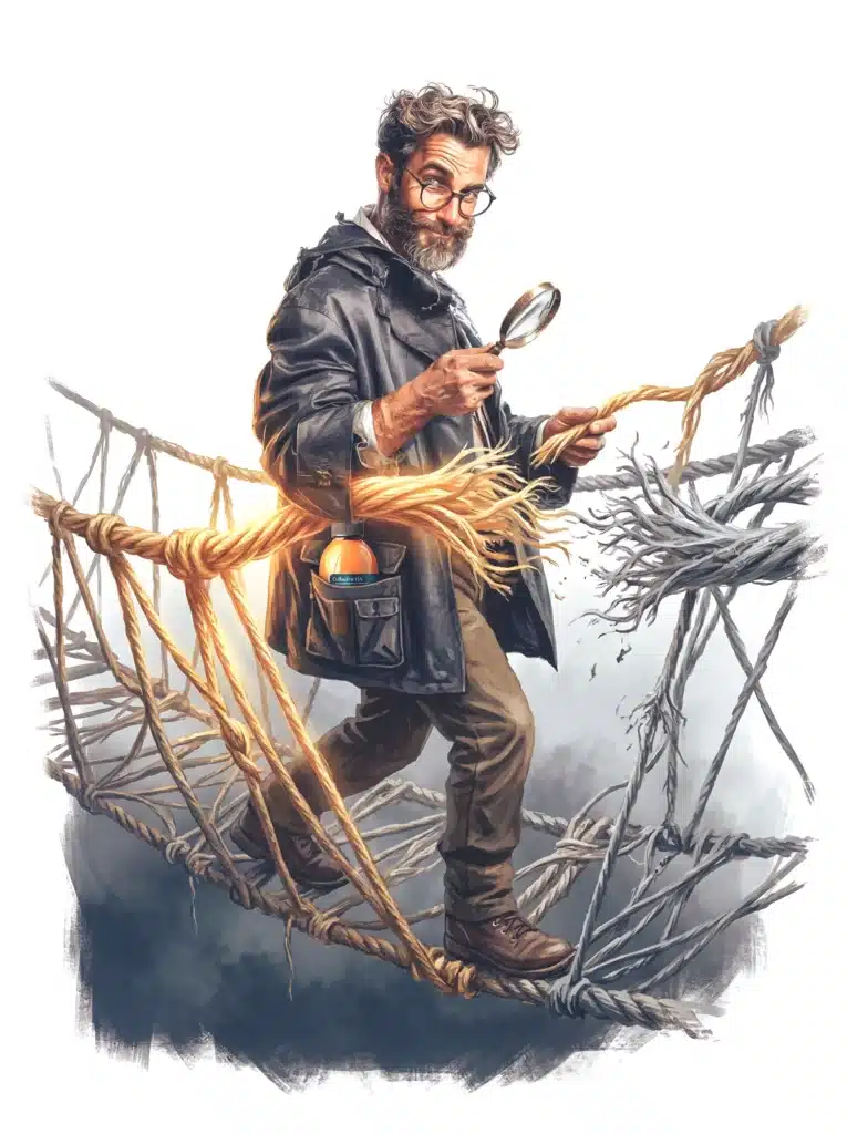 Balance remodelage articulaire : fibres de collagène intactes contre dégradation MMP Aventurier traversant un pont de corde dont les fibres sont partiellement dorées et intactes, partiellement effilochées et dégradées - illustration allégorique de la balance remodelage articulaire entre synthèse de collagène et dégradation enzymatique par les métalloprotéinases MMP