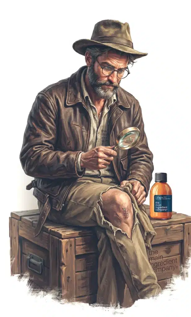 Le professeur debunk en tenue d'explorateur examine son propre genou à la loupe avec la même concentration qu'un artefact rare - illustration allégorique du mécanisme de signalisation peptidique et de la préciosité du signal collagénique pour l'intégrité articulaire