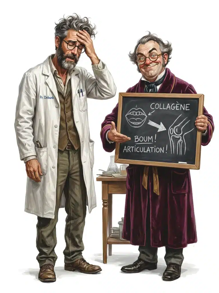 Pr. Debunk exaspéré face au mythe du collagène qui irait directement aux articulations ; illustration humoristique des limites de la compréhension du collagène à boire