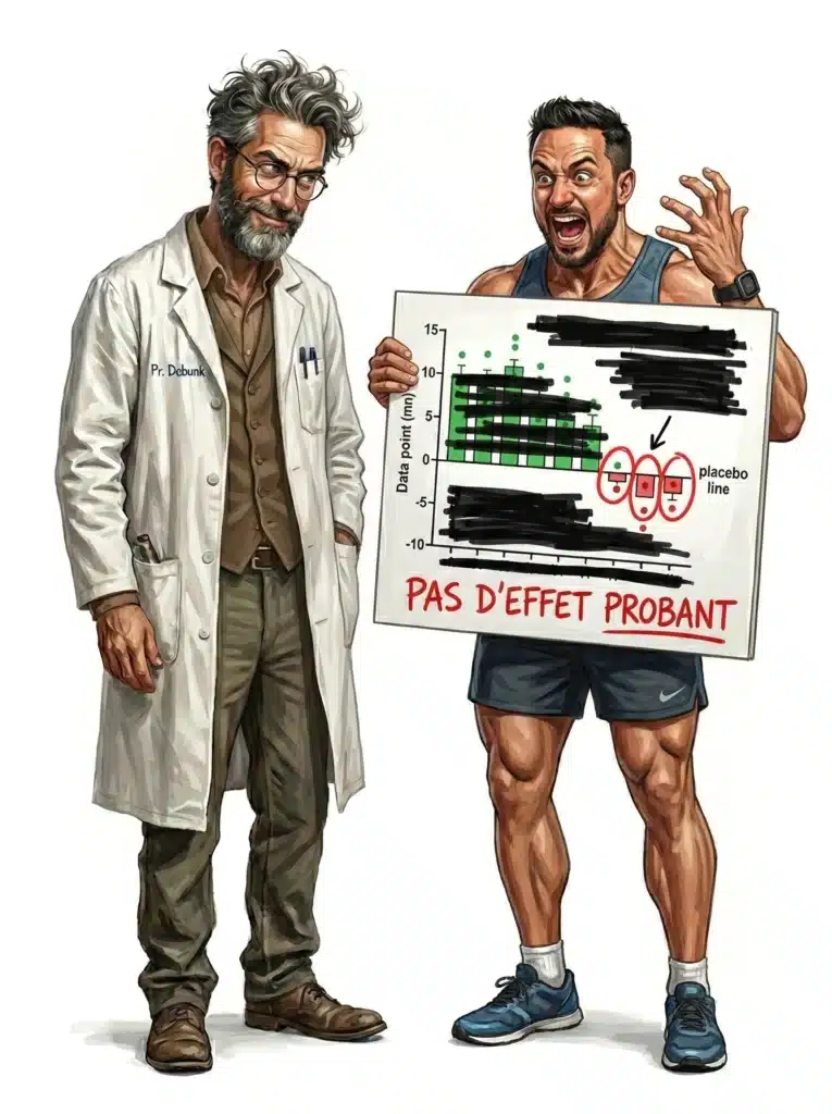 Pr. Debunk regarde avec Ironie Layne Norton montrant un graphique de méta-analyse avec des biais méthodologiques dans les études sur le collagène