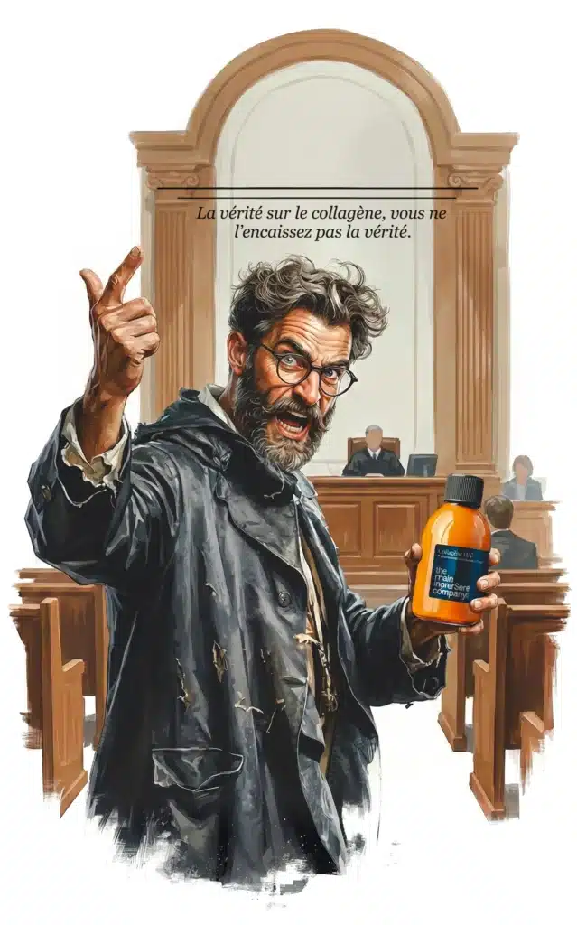 Illustration du professeur Debunk plaidant pour la vérité scientifique sur le collagène à boire dans un tribunal, tenant un flacon de collagène HA