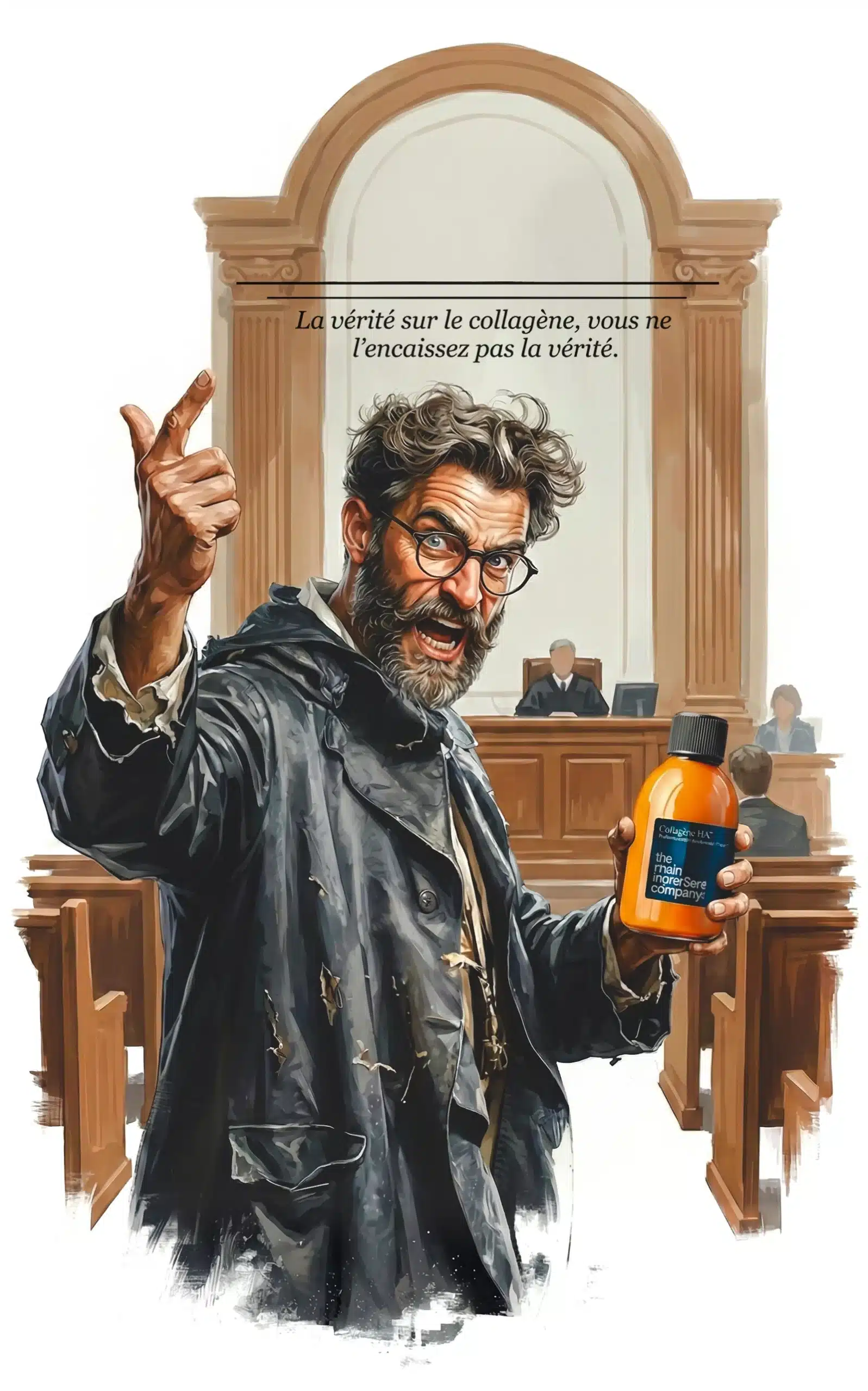 Illustration du professeur Debunk plaidant pour la vérité scientifique sur le collagène à boire dans un tribunal, tenant un flacon de collagène HA