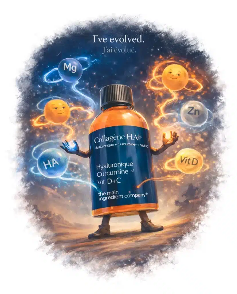 Collagène HA ω entouré de ses cofacteurs magnésium, zinc, acide hyaluronique et vitamine D ; illustration du concept de faisceau nutritionnel par the main ingredient company