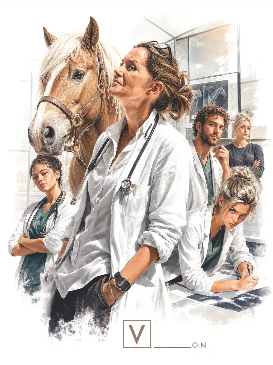 Catherine Vasseur devant Vénus, jument comtoise suivie pour PPID, PSSM, fourbure chronique, arthrose et surpoids, entourée d'une équipe vétérinaire.