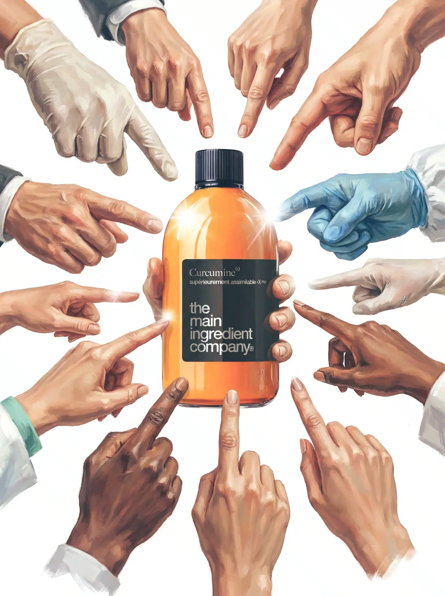 Flacon de curcumine the main ingredient company accusé à tort par plusieurs mains pointées, illustration du faux coupable dans un contexte d’irritation buccale et de reflux gastro-œsophagien