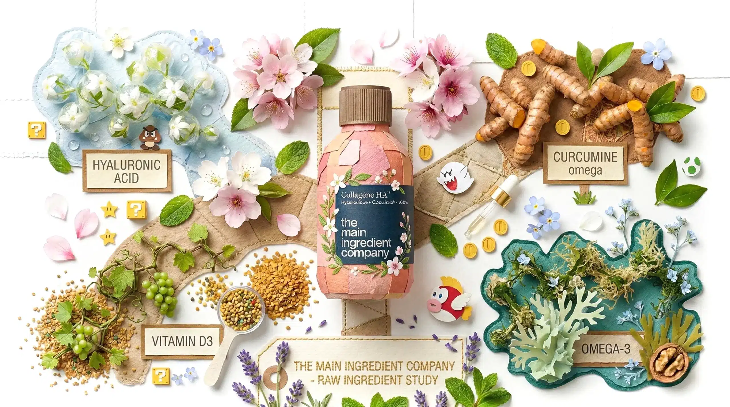 flacon-the-main-ingredient-company-ingredients-naturels-home une illustration poétique de la richesse de formulation de notre collagene Omega, un complexe qui porte une approche nouvelle des troubles de l'intégrité articulaires