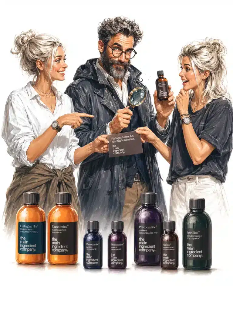 Illustration du programme de parrainage the main ingredient company avec le Professeur Debunk et les formules Omega à recommander à vos proches