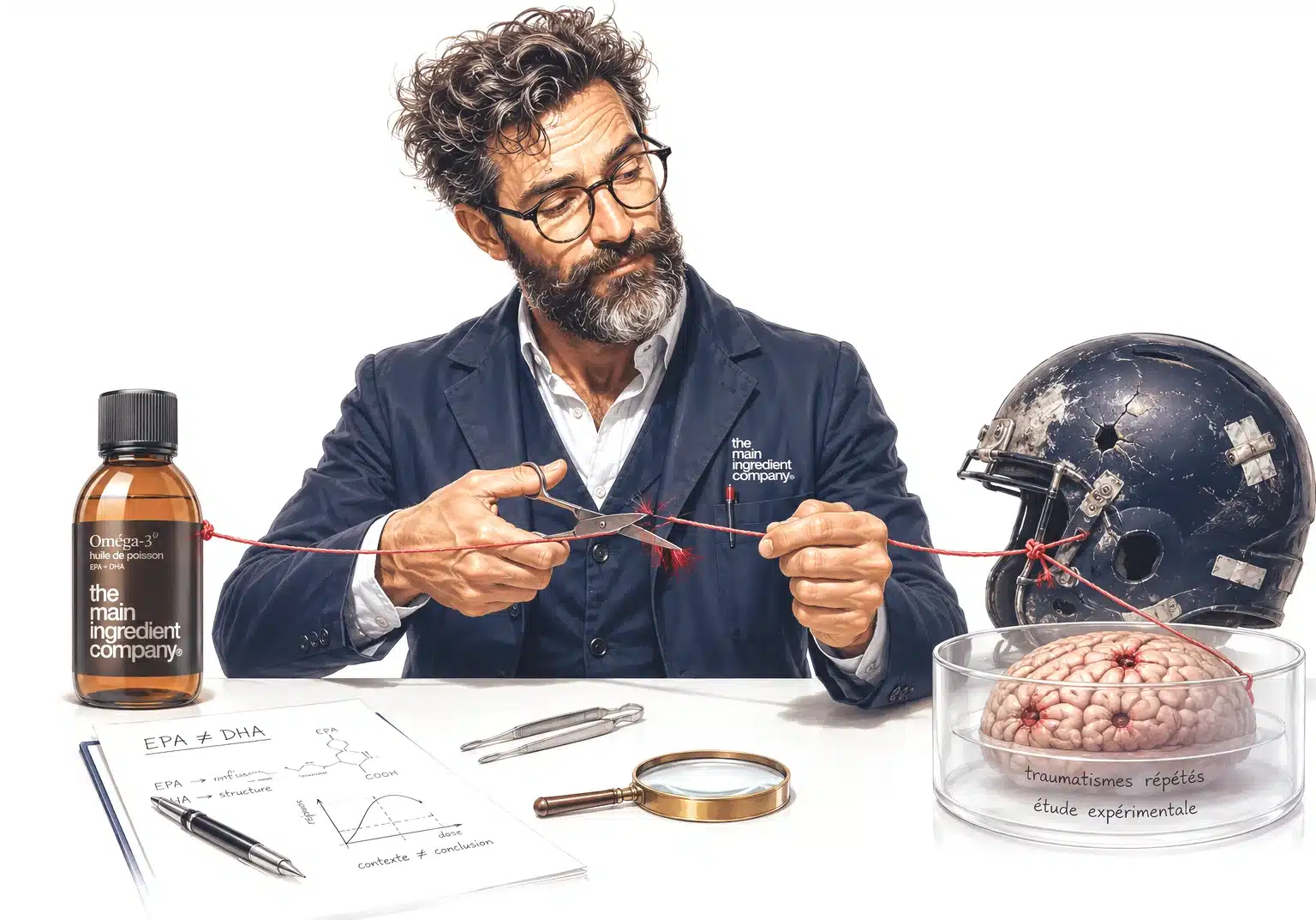 Professeur Debunk coupe un fil rouge reliant à tort un flacon d’oméga-3 à un casque de sport abîmé et à un cerveau étudié en laboratoire