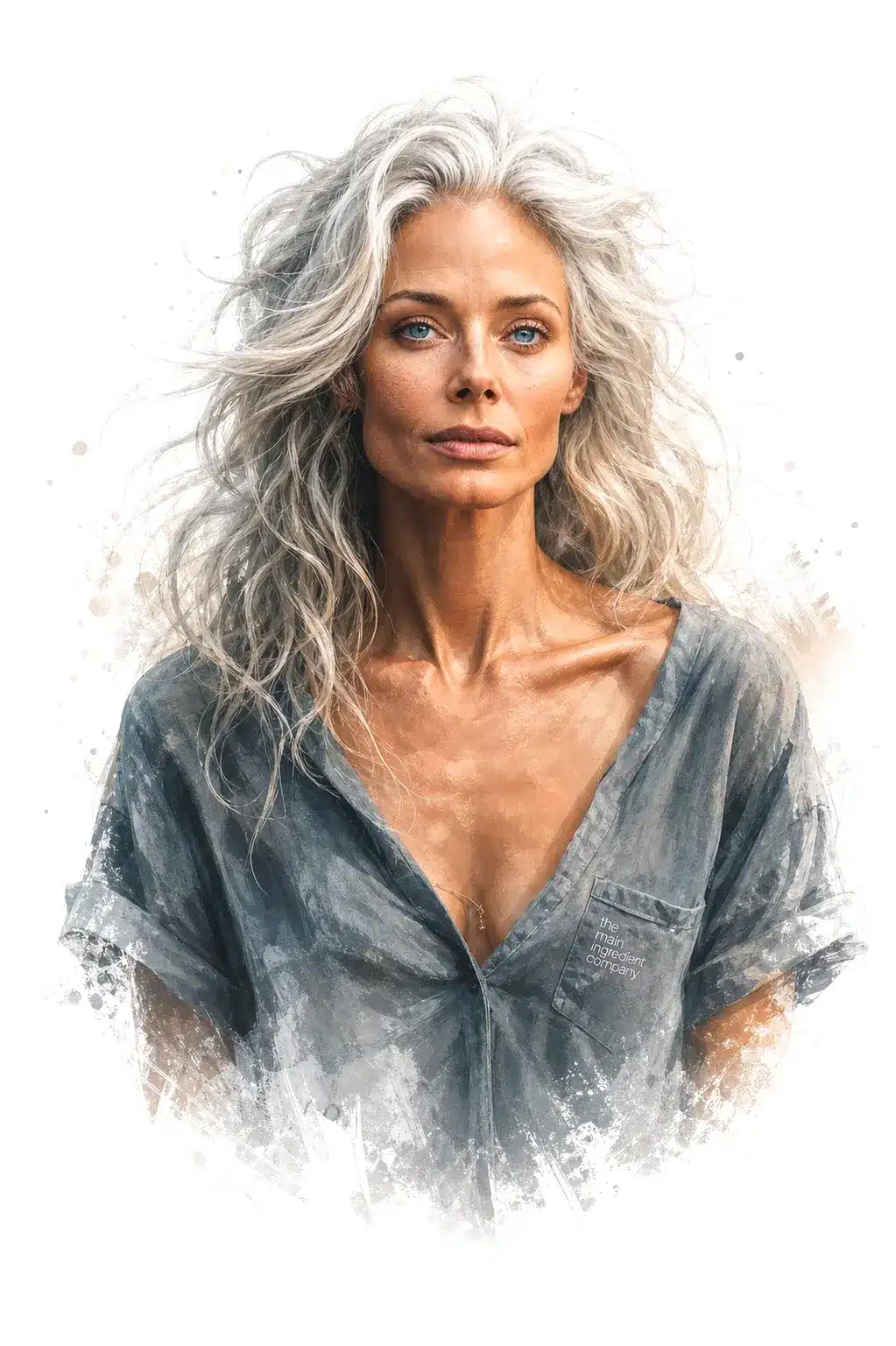 Femme aux cheveux blancs incarnant la ménopause, la vitalité et l’équilibre hormonal naturel