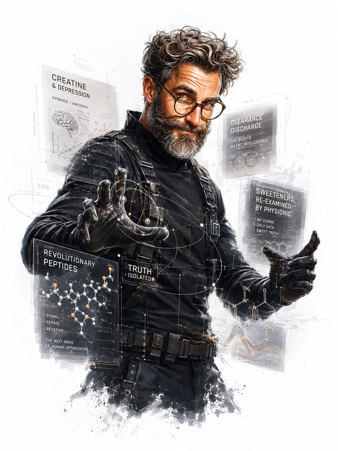 Professeur Debunk isole la vérité au milieu des promesses sur créatine, peptides et édulcorants dans une scène scientifique futuriste
