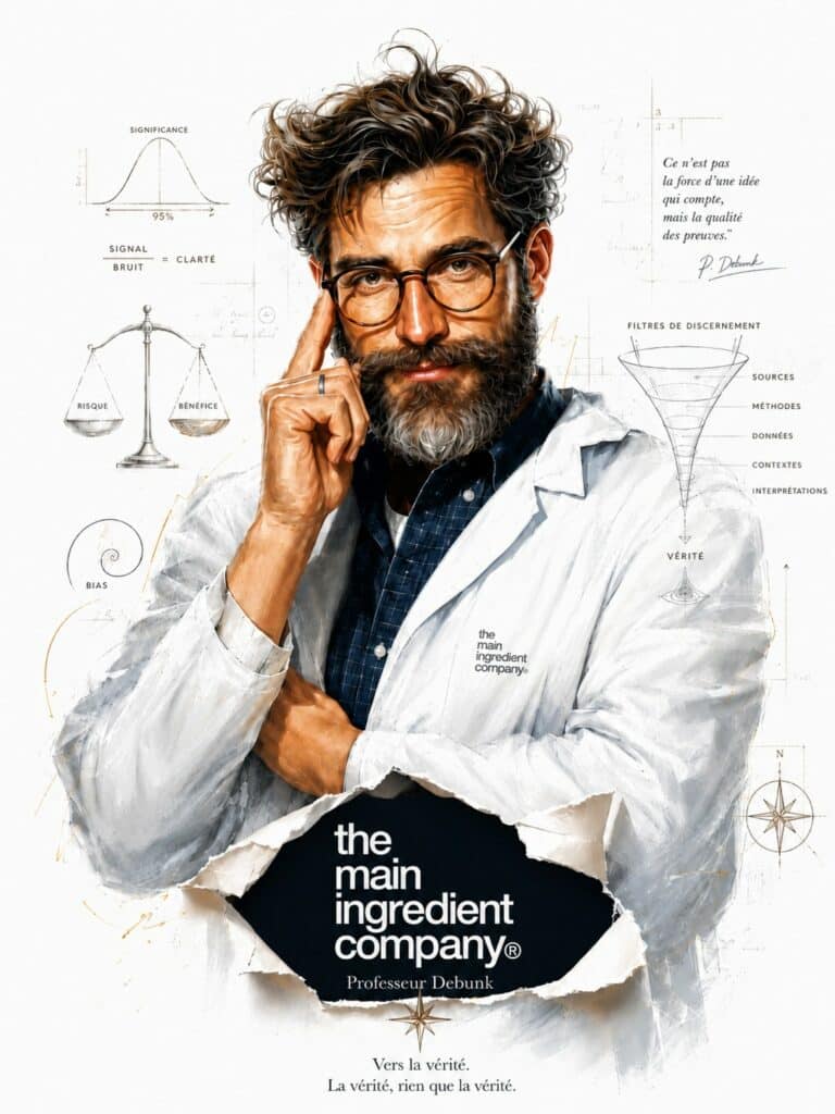 Portrait du Professeur Debunk, figure éditoriale de the main ingredient company, entouré de schémas de discernement, balance risque-bénéfice et filtres de vérité