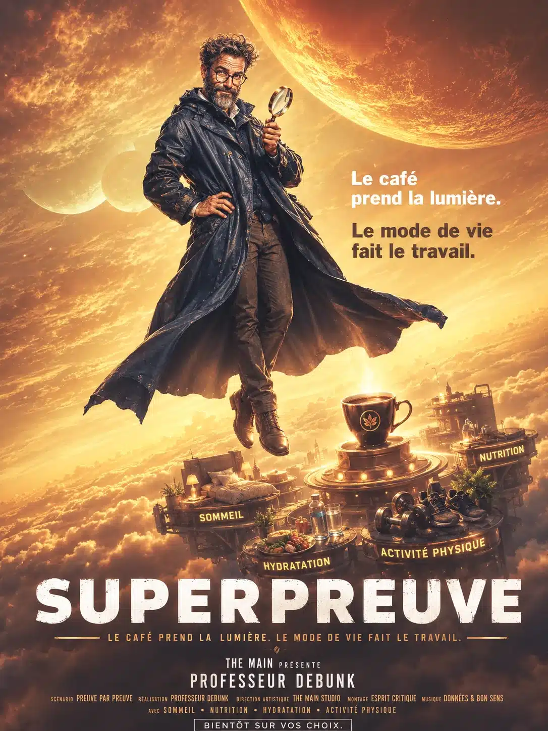 Professeur Debunk en affiche façon super-héros montre que le café prend la lumière tandis que le mode de vie fait le travail