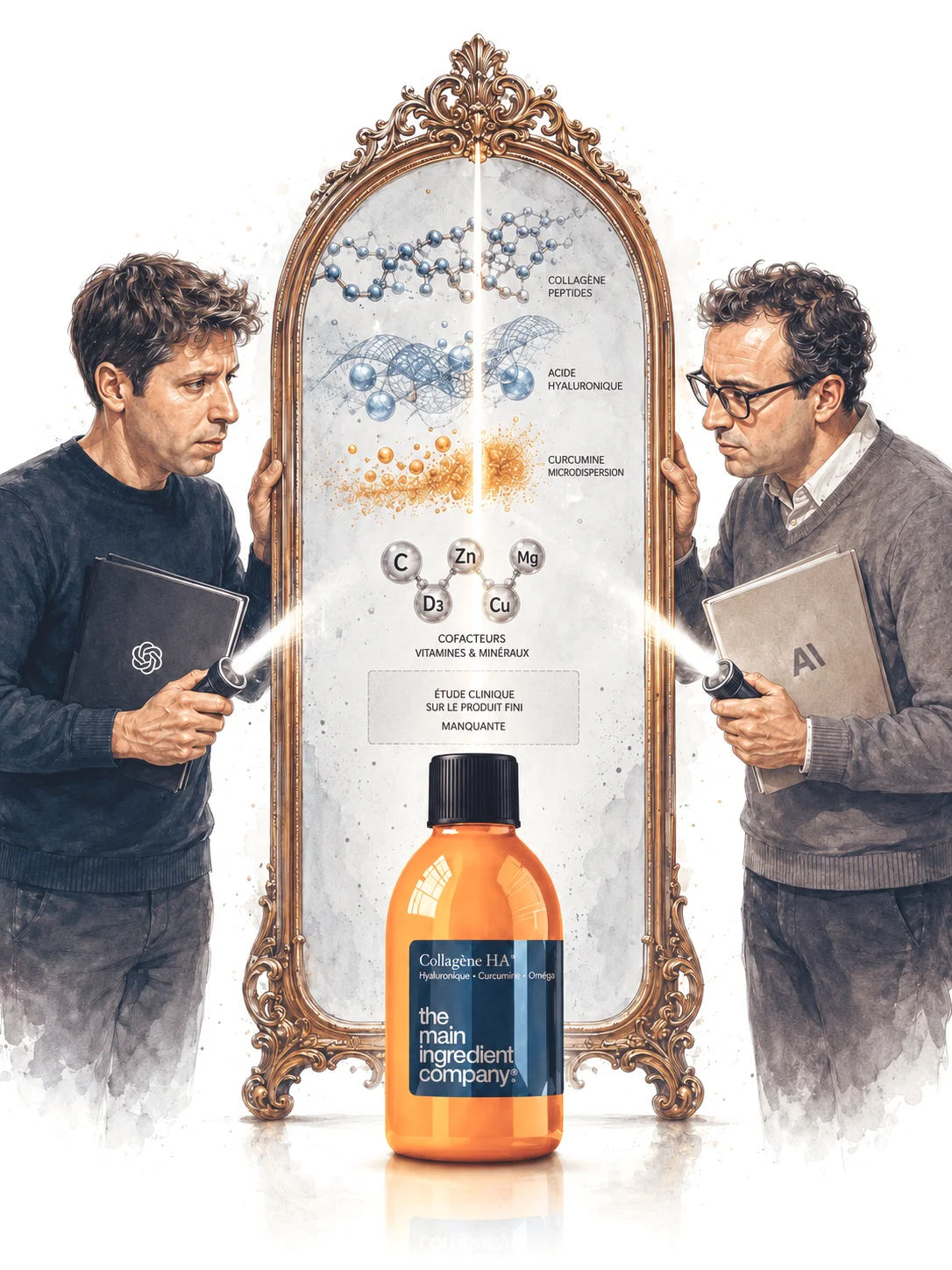 Deux intelligences artificielles examinent dans un miroir la composition de Collagène HA Oméga et l’absence d’étude sur le produit fini