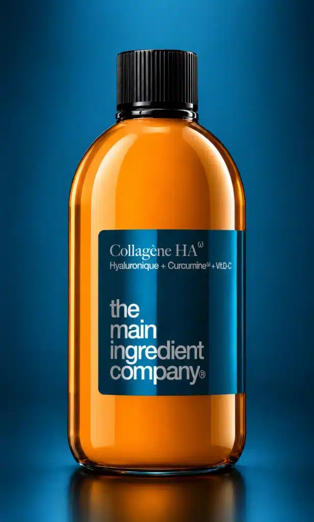 Flacon de Collagène HA ω the main ingredient company sur fond bleu pétrole : collagène marin hydrolysé liquide à boire, enrichi en acide hyaluronique, curcumine ω et vitamines D et C