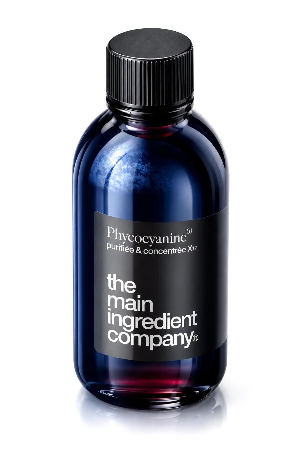 Flacon de Phycocyanine Oméga X12 de the main ingredient company®, en vue isométrique sur fond blanc.
