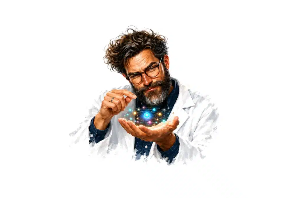 Le Professeur Debunk examine une petite galaxie lumineuse posée dans sa main : l’atlas de la phycocyanine